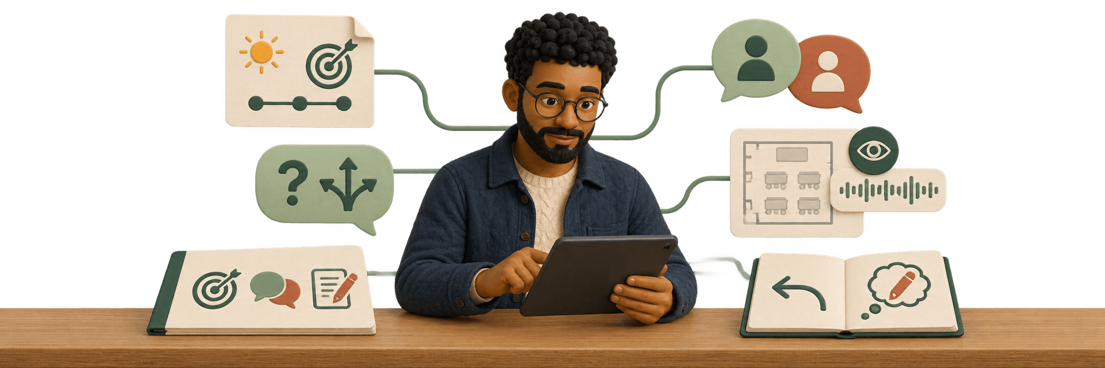 A teacher using a tablet, connected to a project brief, student discussions, guidance, classroom sketches and audio evidence, reflection, and a collected report.