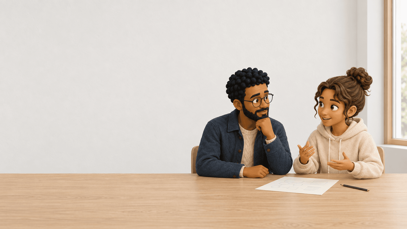 Mr-Simond listens as Eileen explains her thinking over a project planning sheet.
