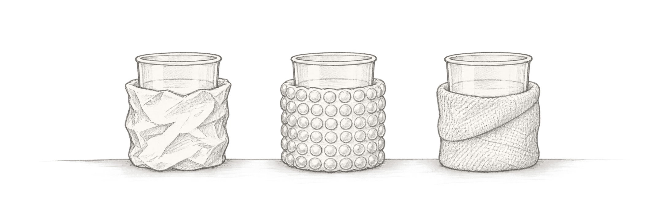 A student's pencil sketch of three containers wrapped in foil, bubble wrap and fabric.