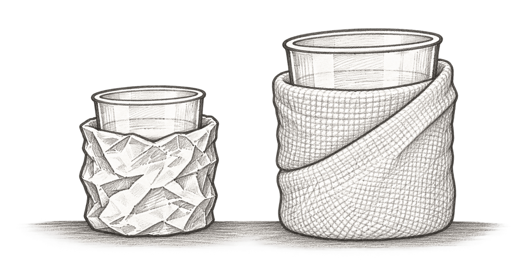 A small foil-wrapped cup beside a taller, wider cloth-wrapped container: both the wrapping material and container size have changed.