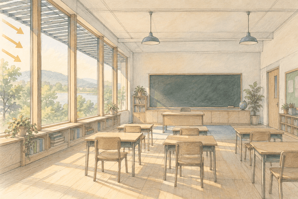 Illustrative classroom sketch with west-facing windows and sunlight