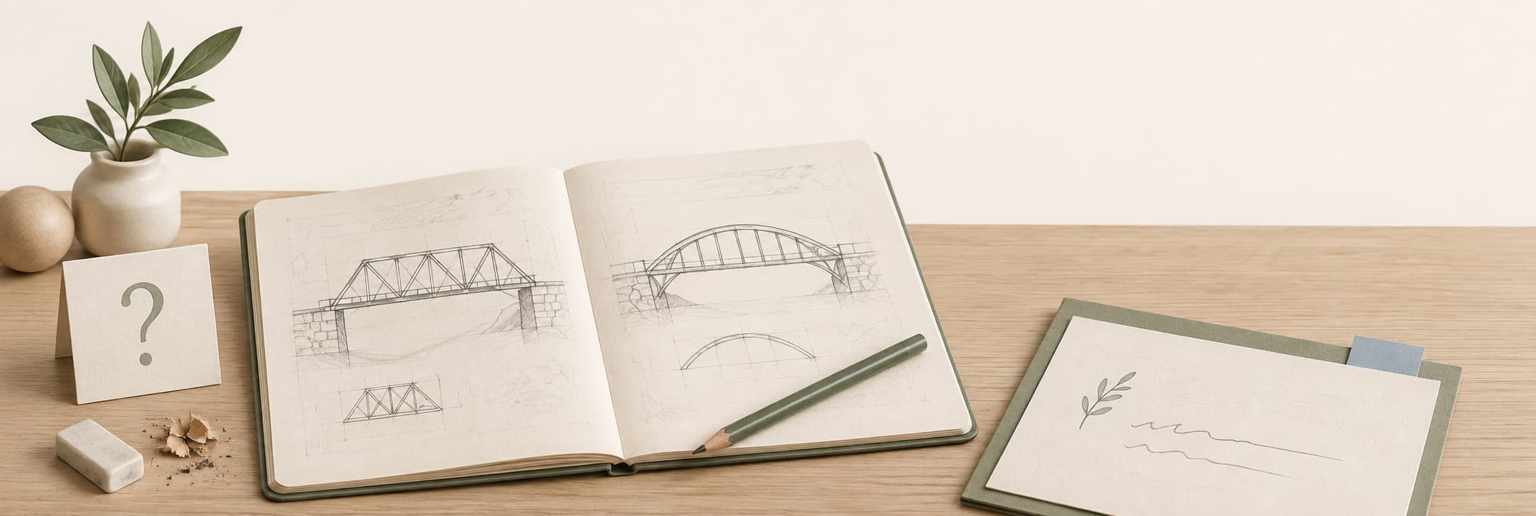 A question card, a student's notebook comparing bridge designs, and a separate teacher review folio.