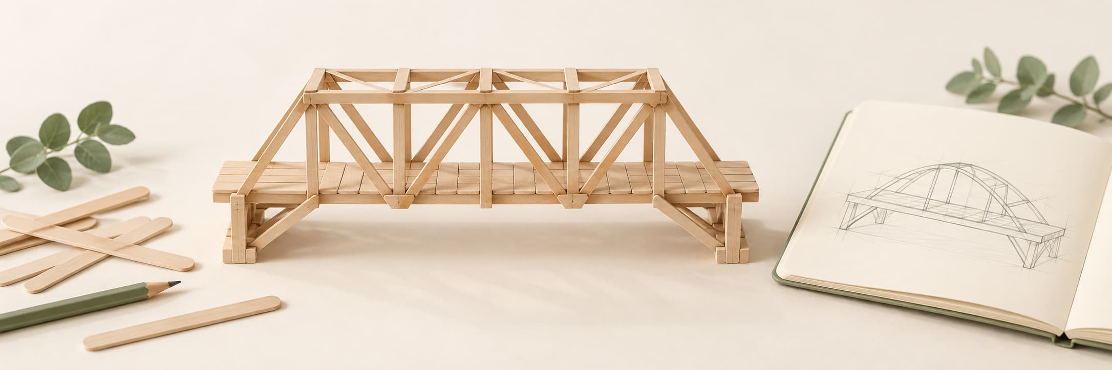 A completed wooden truss bridge beside a notebook sketch of the next idea and spare craft materials.