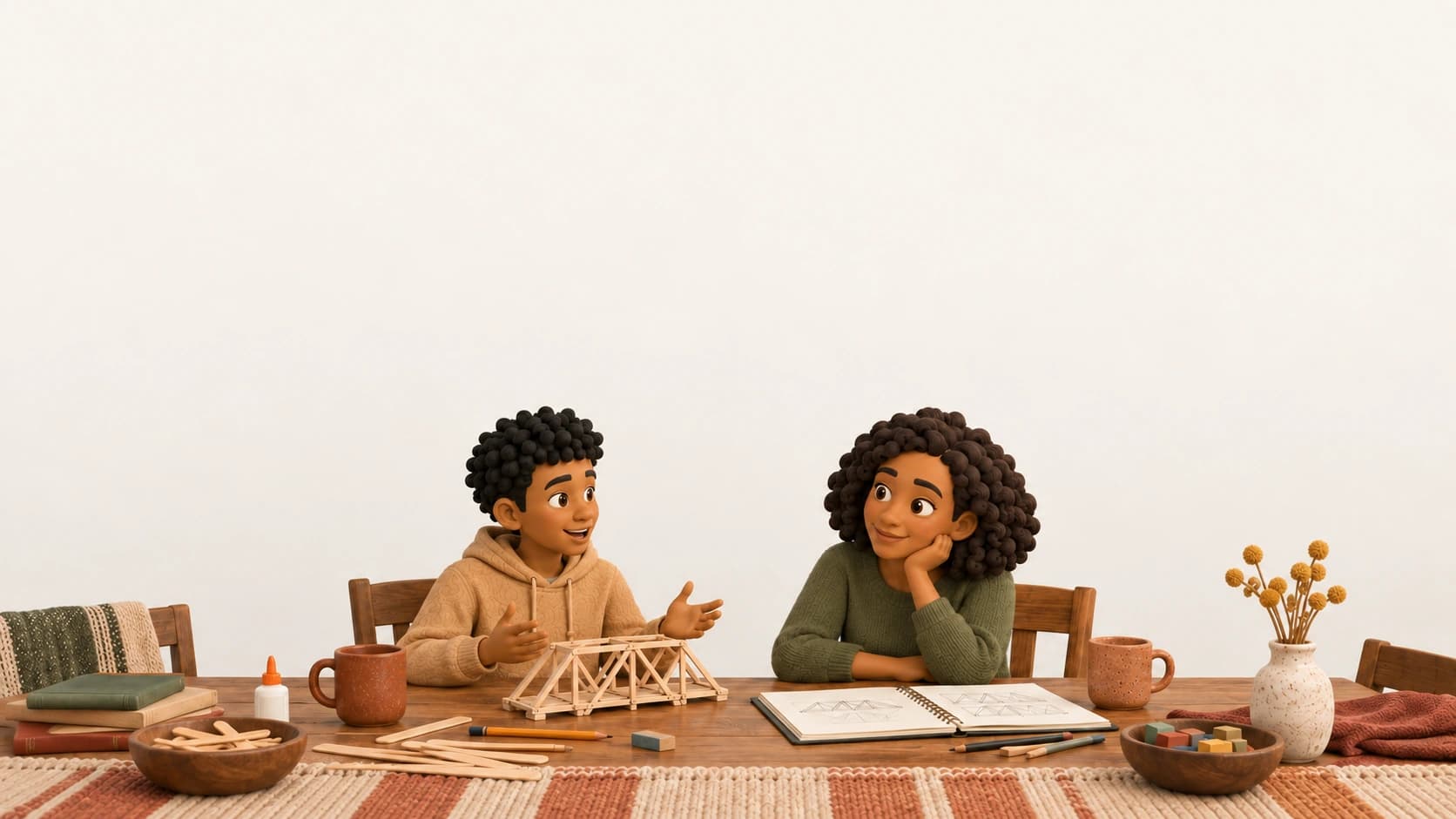 Alex and his parent share a conversation over his wooden bridge project.