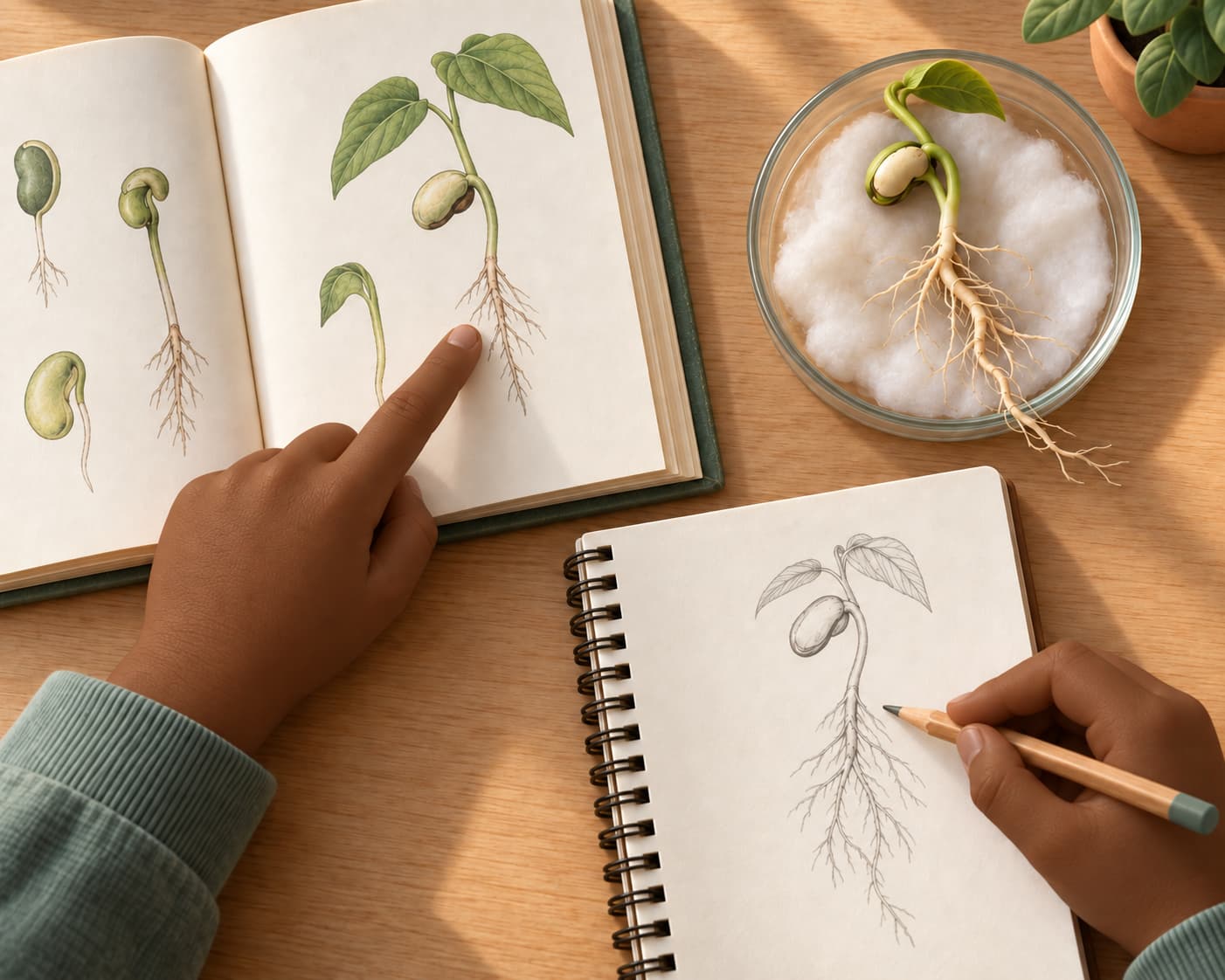 A child compares a bean sprout with a reference diagram while drawing what they observe.
