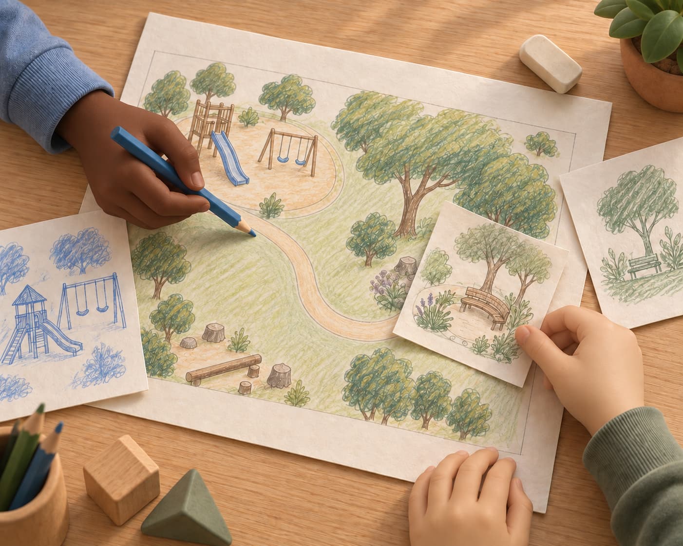 Two children bring different playground ideas together on a shared drawing.