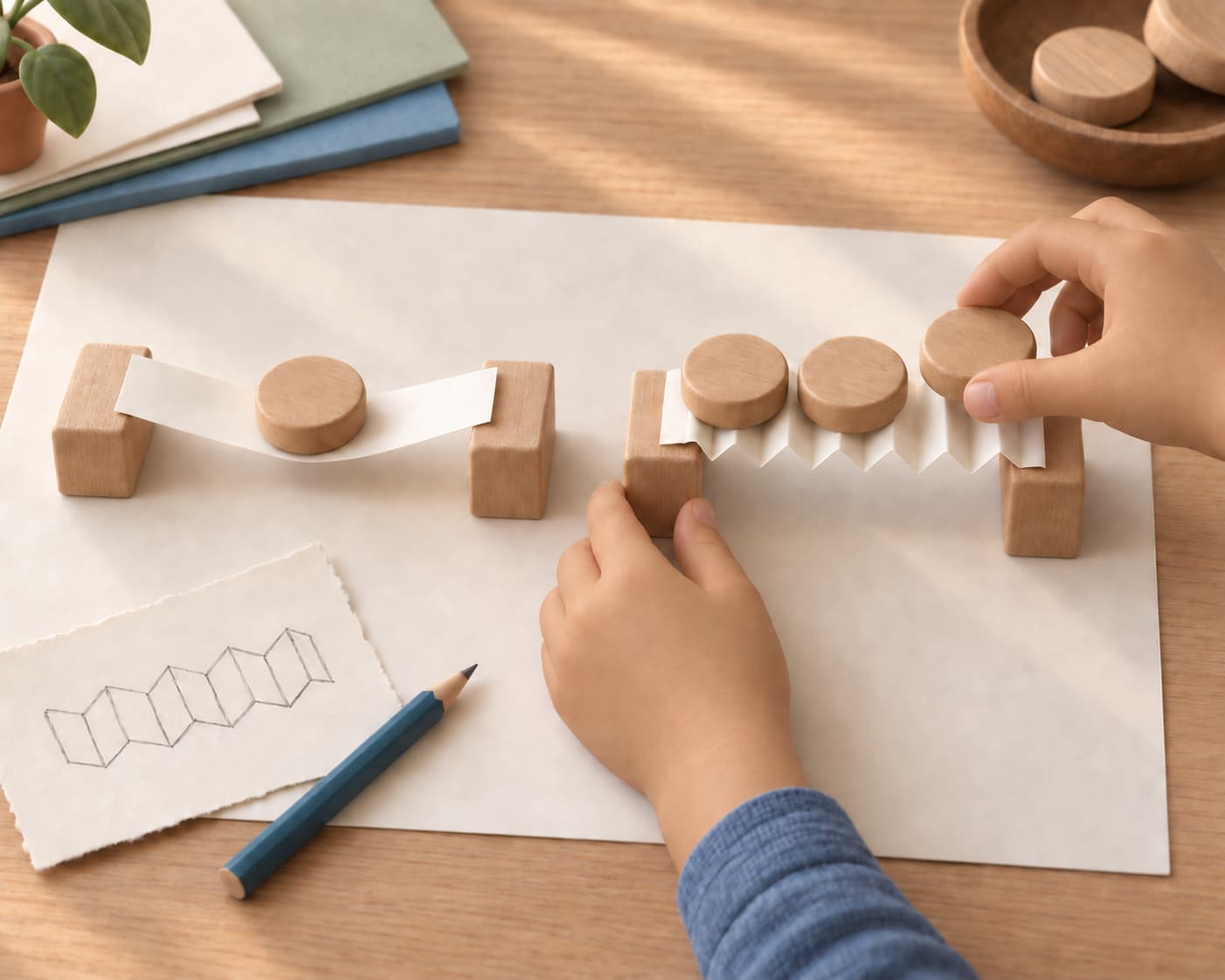 A child tests a stronger folded paper bridge after a flat first attempt sagged.