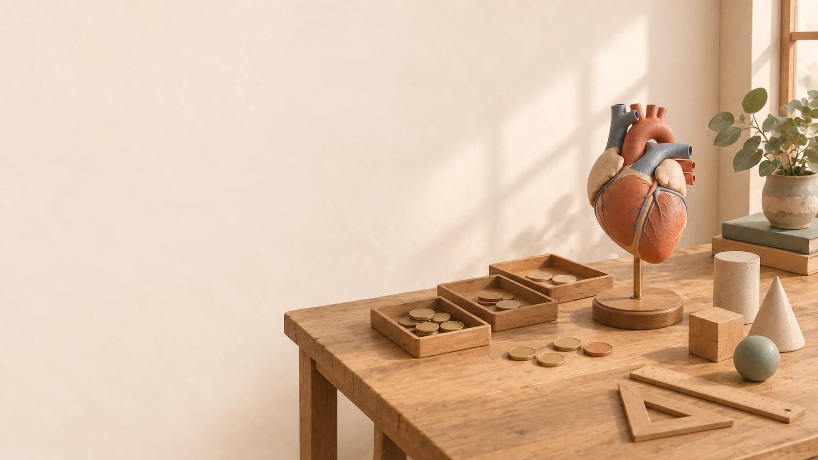 Clay heart model, coins, budgeting trays and geometric pieces connect school learning with everyday life
