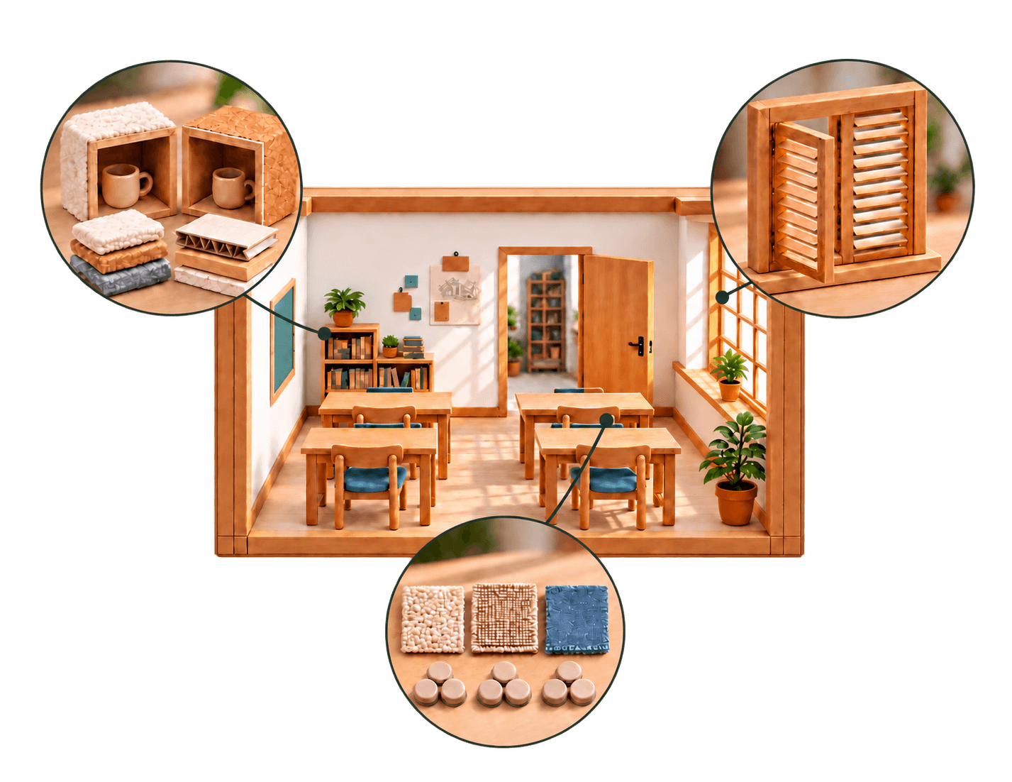 Circular close-ups of insulating materials and a wooden shade sit above a classroom, with material samples below; curved lines connect each to the classroom