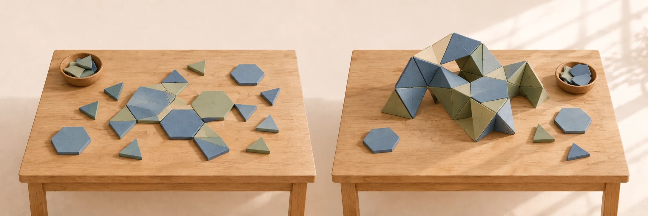 Rearrangeable clay geometric pieces explore shapes and their relationships