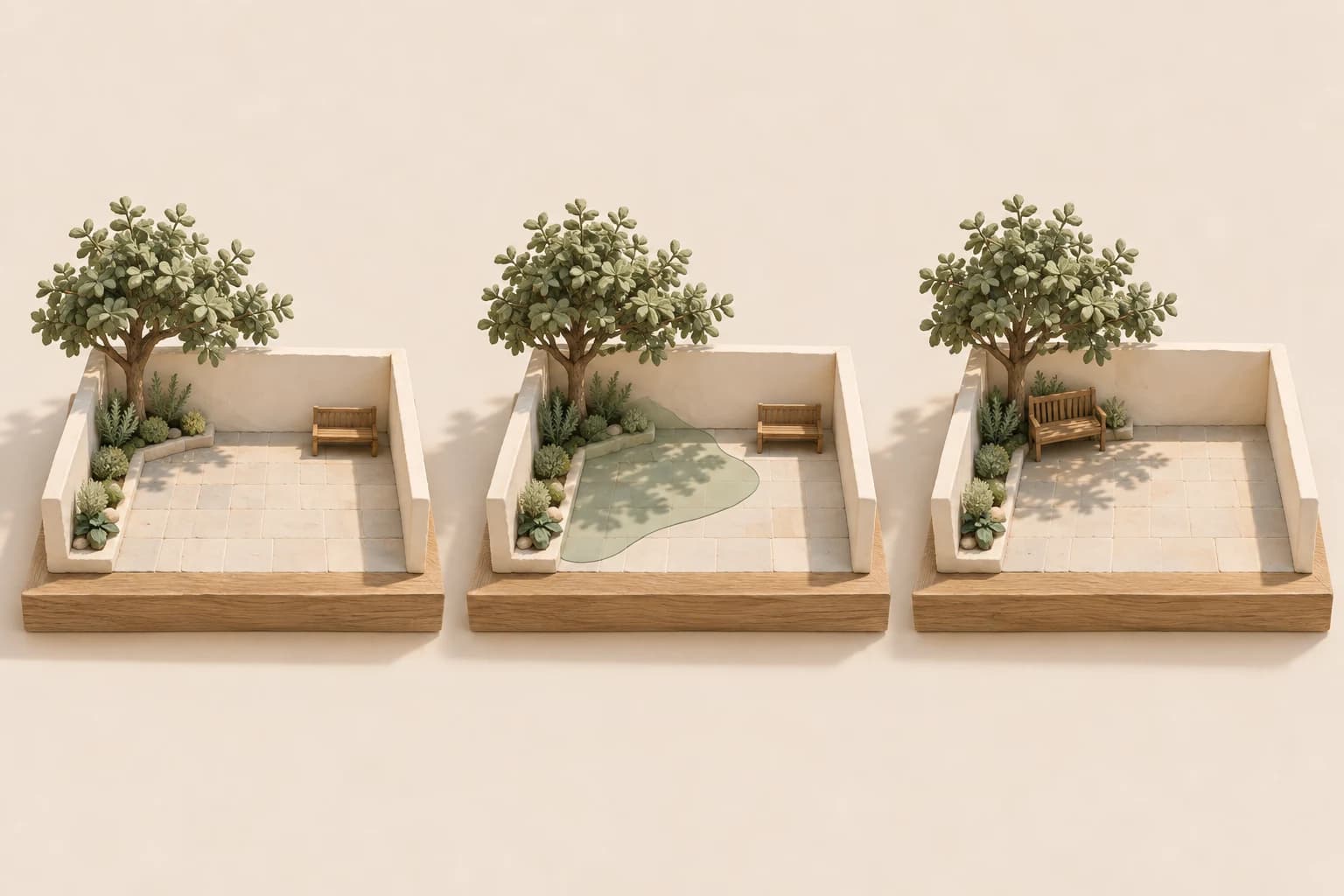 Three courtyard models retain an initial bench position, a sunlight and shade study, and a revised placement beneath the tree