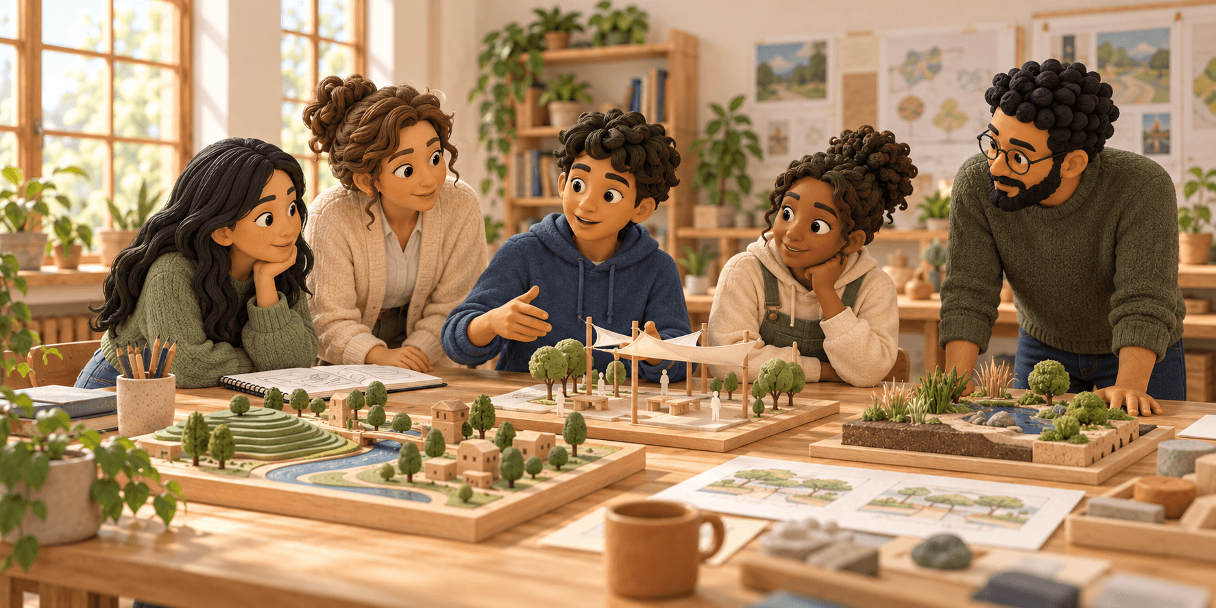 Clay illustration of students and educators discussing several handmade projects in a gallery.