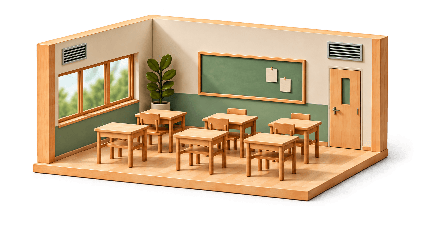 A wooden classroom model with desks, a window and two vents high on adjacent walls.