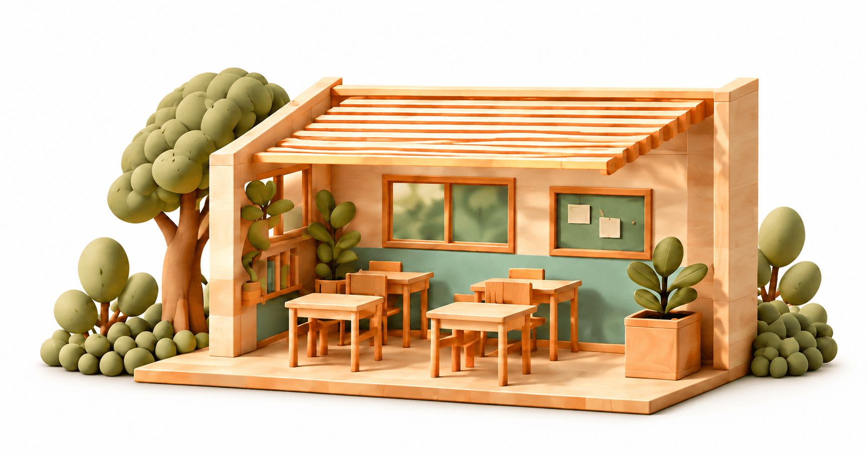 Wooden classroom model with a slatted sunshade, windows, desks and surrounding trees