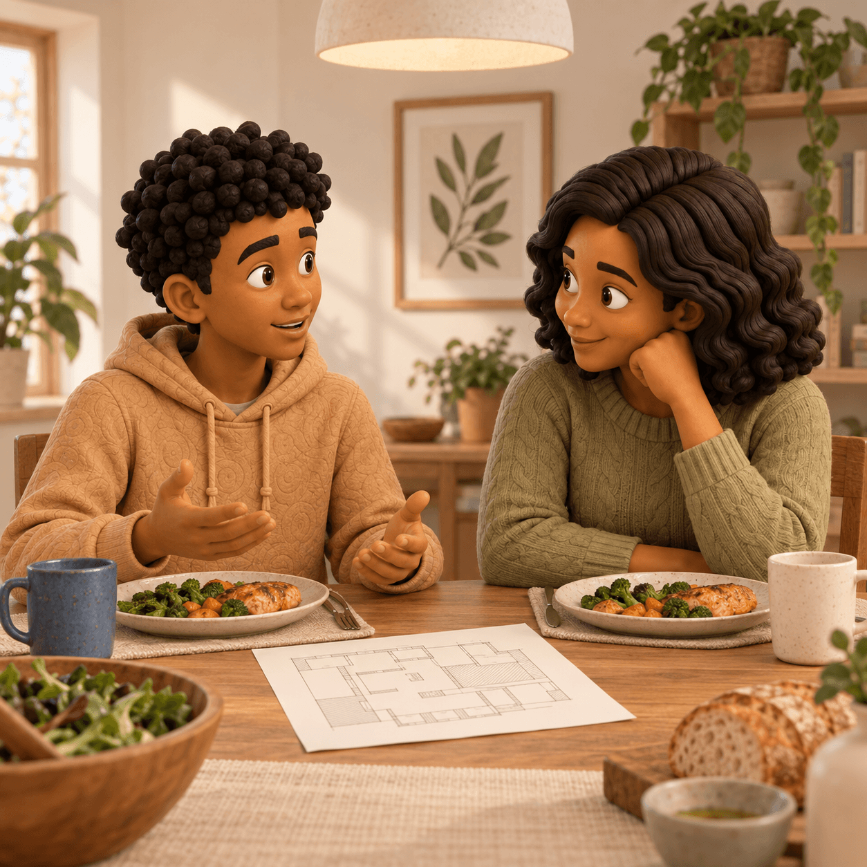 A child and parent talking about learning over dinner