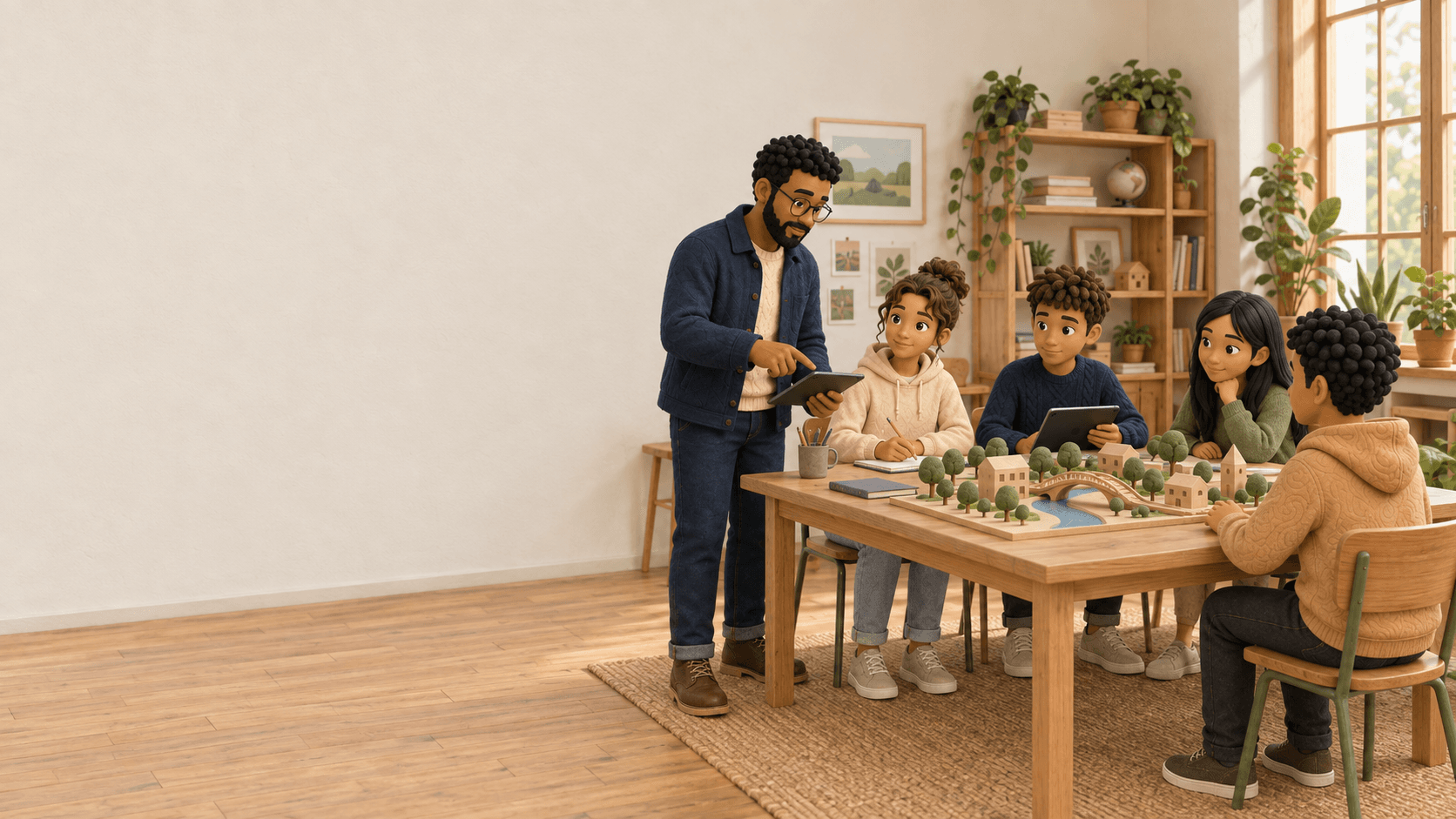 A clay educator and four students exploring a model together