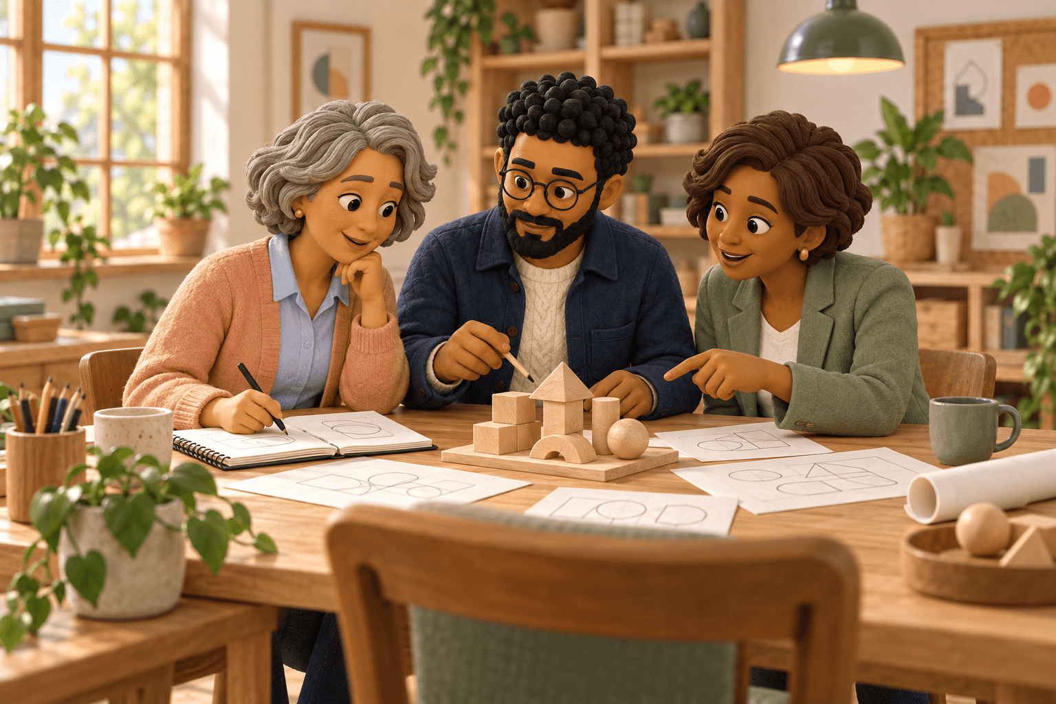 Educators shaping a project together around a table