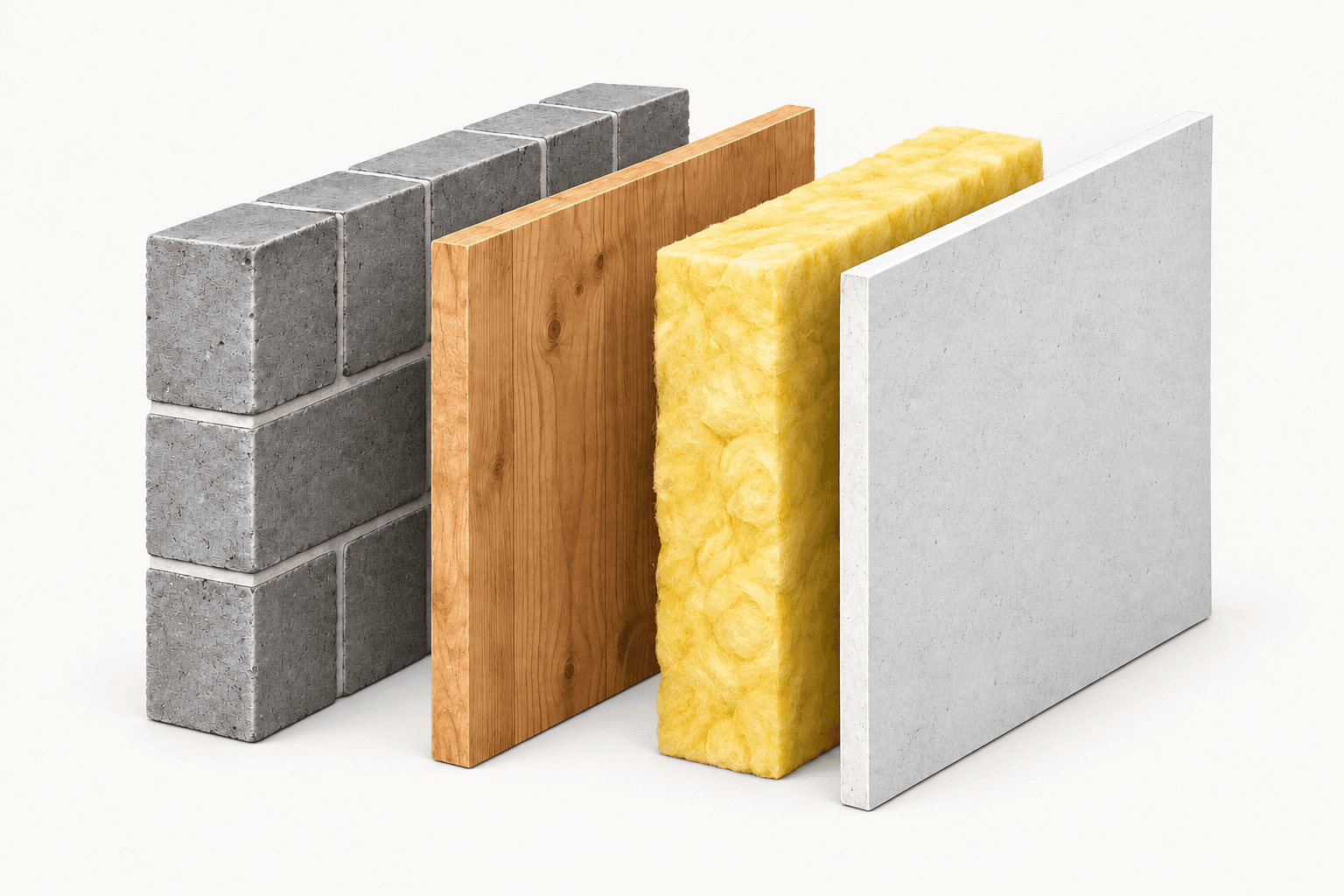 Separated layers of brick, timber, mineral wool and plasterboard