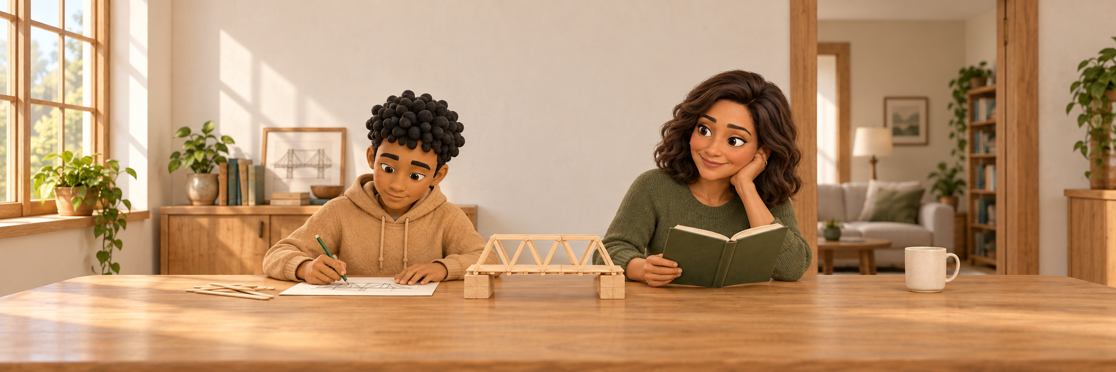 Alex works on his wooden bridge while his parent reads nearby, leaving him space to think.