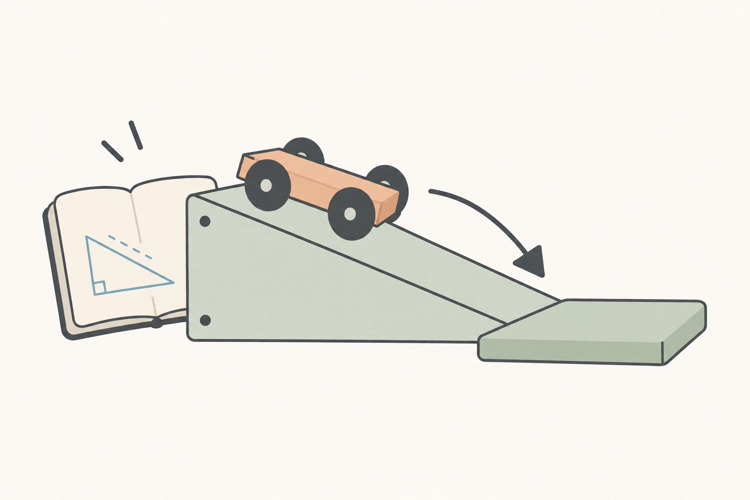 A cart on a ramp beside a notebook connects a geometry sketch to a hands-on experiment.