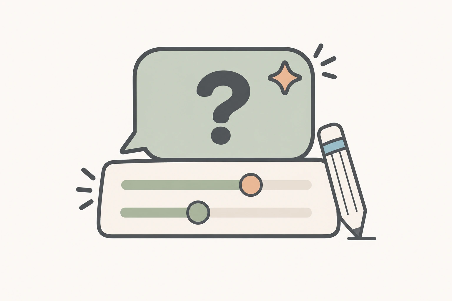 A question bubble above adjustable controls and a pencil represents educator-guided AI.