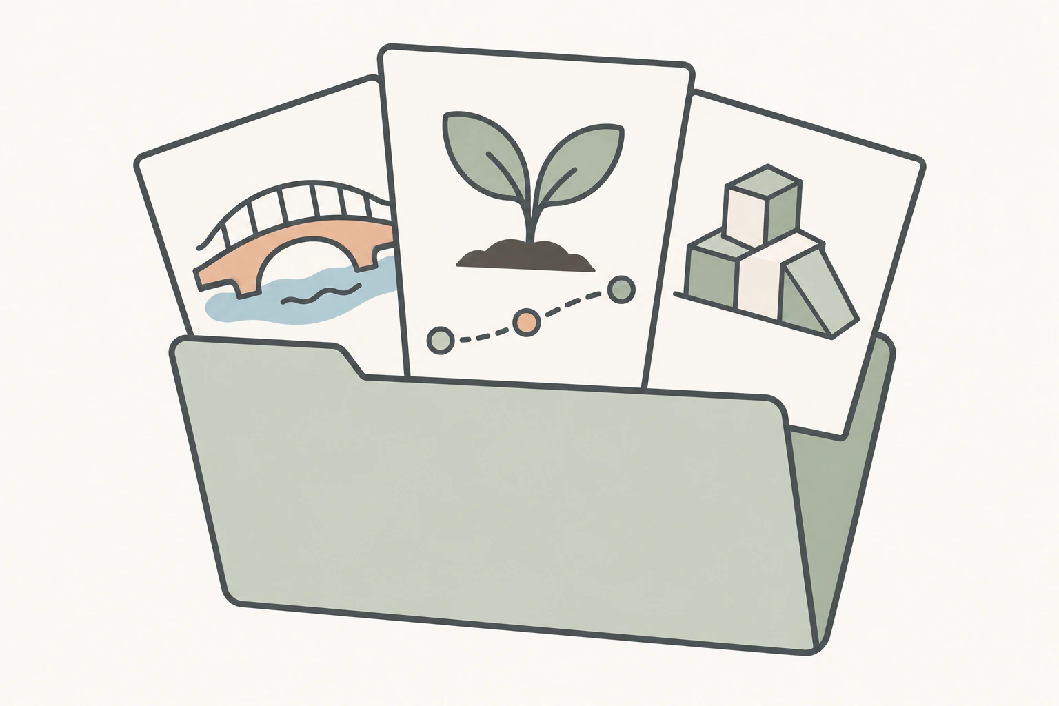 An open portfolio holds bridge, plant and model projects with a dotted path showing progress.